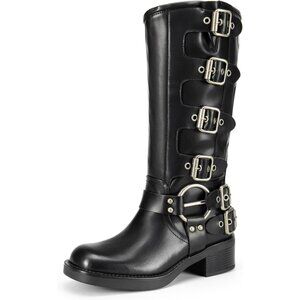 ⚡Women's Black Polyurethane Knee High Riding Side Zipper Chunky Heel Boots